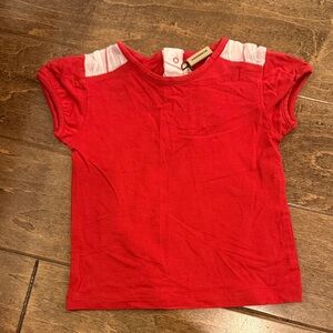 Burberry Red Tee with White Plaid Shoulder Accents
